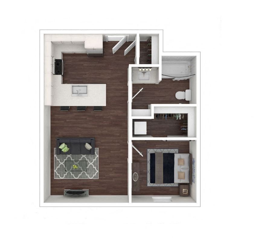 Floor plan for 1 bed, 1 bath, 704 sqft